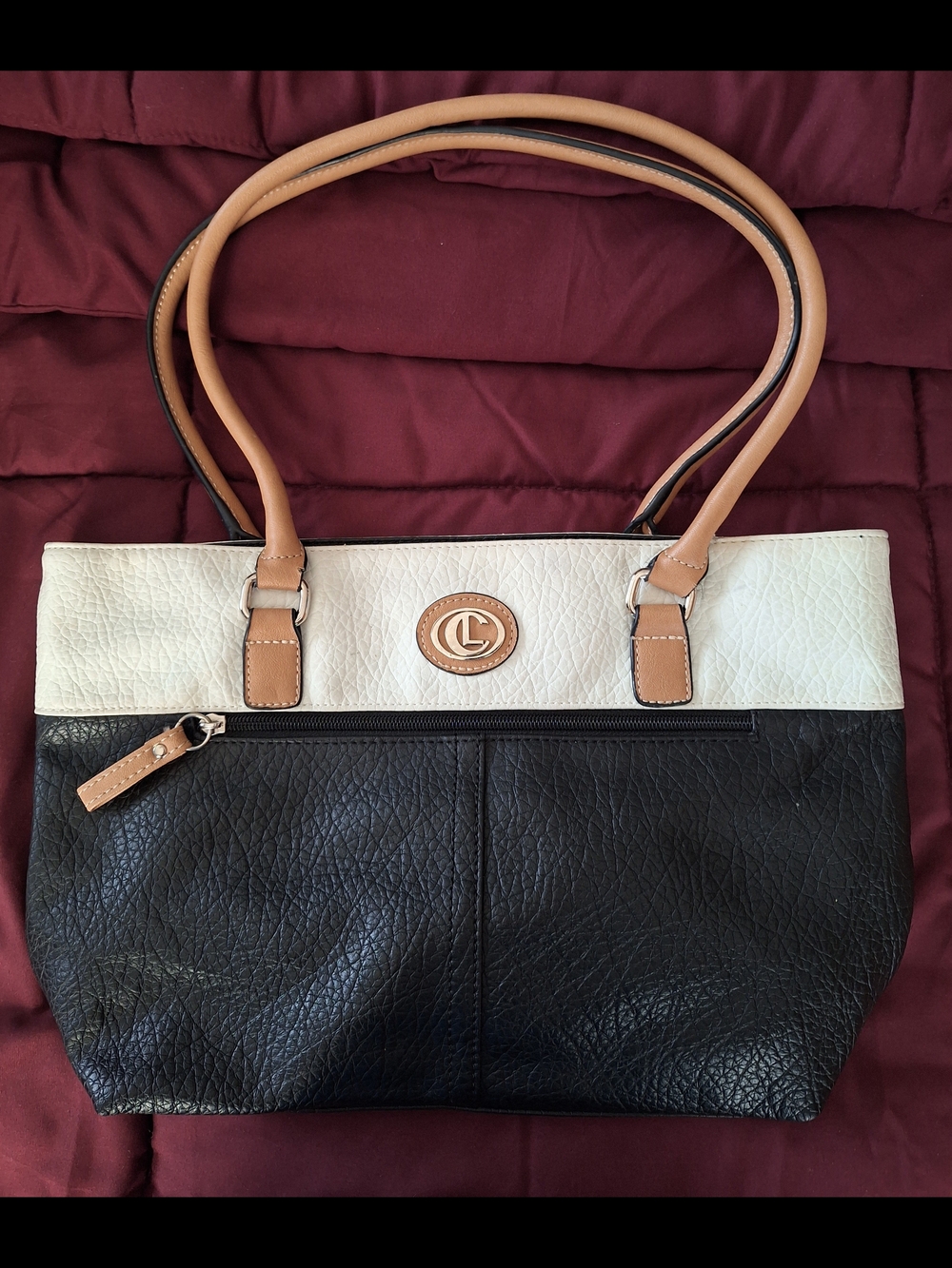Two-Tone Black and Cream Tote with Tan Handles
